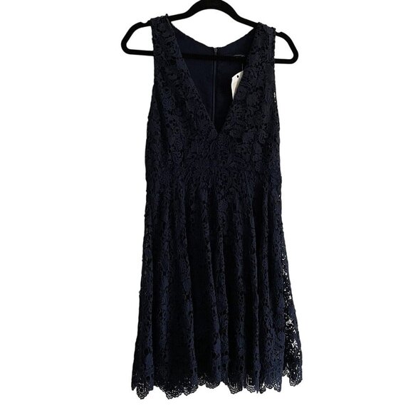 French Connection Women SZ 8 Navy Blue Lacy Overlay V Neck Fit & Flare Dress - Picture 1 of 7